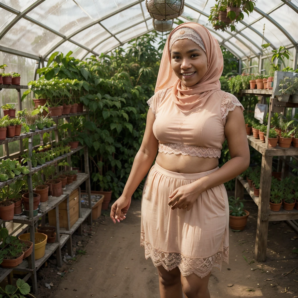 Realistic photo depicting 1 Indonesian woman in hijab, villager, poor woman, 52 years old, wearing peach color hijab jilbab, wearing peach color bra, wearing very short see-through peach color lace skirt, smiling, dark skin, curvy body, short body, standing alone in vegetable greenhouse, facing the camera, making it very realistic and detail