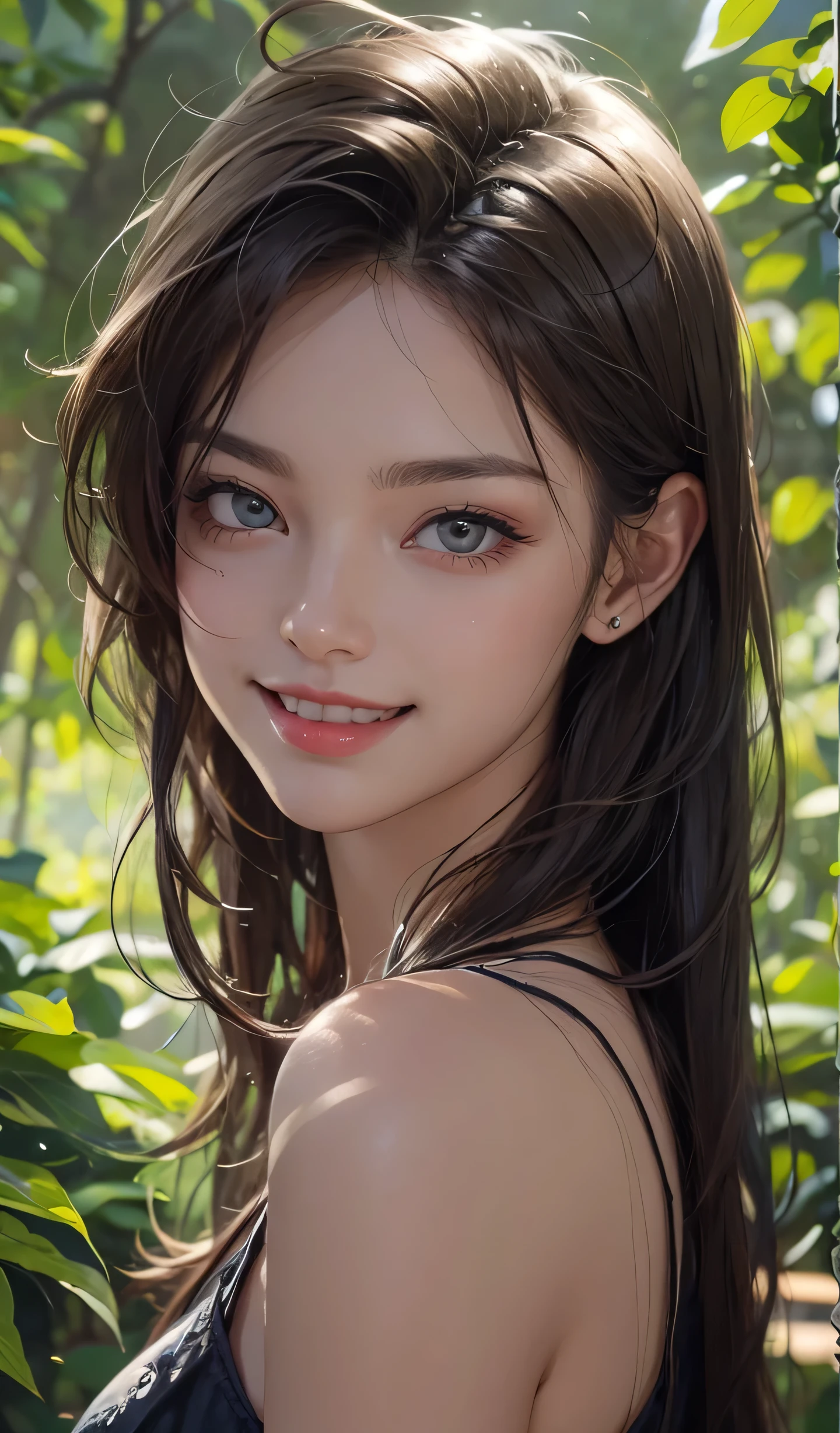 short hair、brown hair、woman posing for a photo, smile, Happy, long hair, straight hair, delicate skin, during the day, hot summer day, natural lighting, detailed face:1.2, sharp focus, Hasselblad Photos, masterpiece, light makeup, cinematic lighting, 4k, highest quality