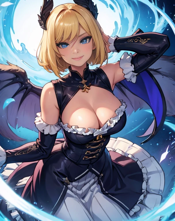 super detail, ccurate, best quality, masterpiece, textured skin, 16k,big ,dirndl,Long skirt,pov,official art,contour deepening,detailed manga illustration,azur lane,shiny skin,mature female,succubus,slim waist,Perfect female body,solo,floating hair,blonde_hair/blue_eyes,looking at viewer,seductive smile ,standing,