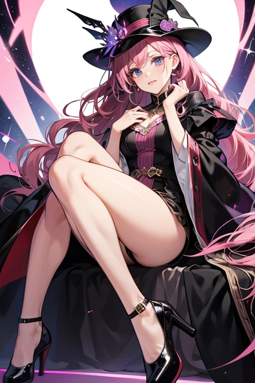 Her skin is purplish-pink, her eyes are blue, and her hair is light brown. She wears black high-heeled shoes and a pink slip under her black cloak. SPARKLE; GLITTER