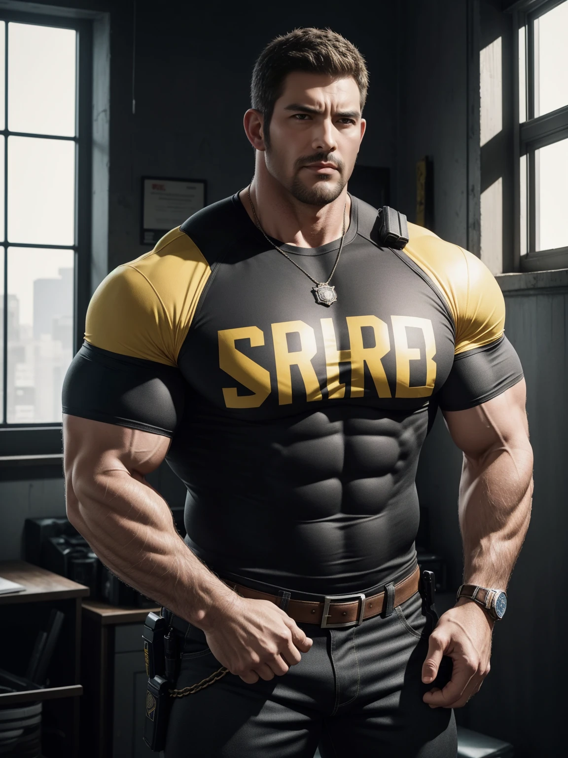One Tall giant muscular police officer, he was angry, The expression is arrogant, Lift your chin, disheveled hair, thick thighs, Yellow and black police officer T-shirt, Very tight, Accentuate muscles, Police uniform pants, character concept（Resident Evil - chris redfield, chris redfield）proud expression, Deep and charming eyes, heroic male pose, tall burly, muscular！muscular thighs, tough guy, perfect  features, High, burly, Heqiang, Super gain and cool, high resolution committee, Charming strong man, The bright sunshine shines on my face through the window