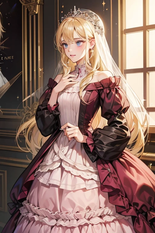 She wears a long-sleeved, ruffled, dark pink dress that hides her feet from view, and also wears what appears to be a wedding ring on her finger. She has blonde hair just like Finn, although hers is between chin and shoulder-length. Her hair, along with the bags under her eyes, resembles that of her primary timeline counterpart. SPARKLE; GLITTER
