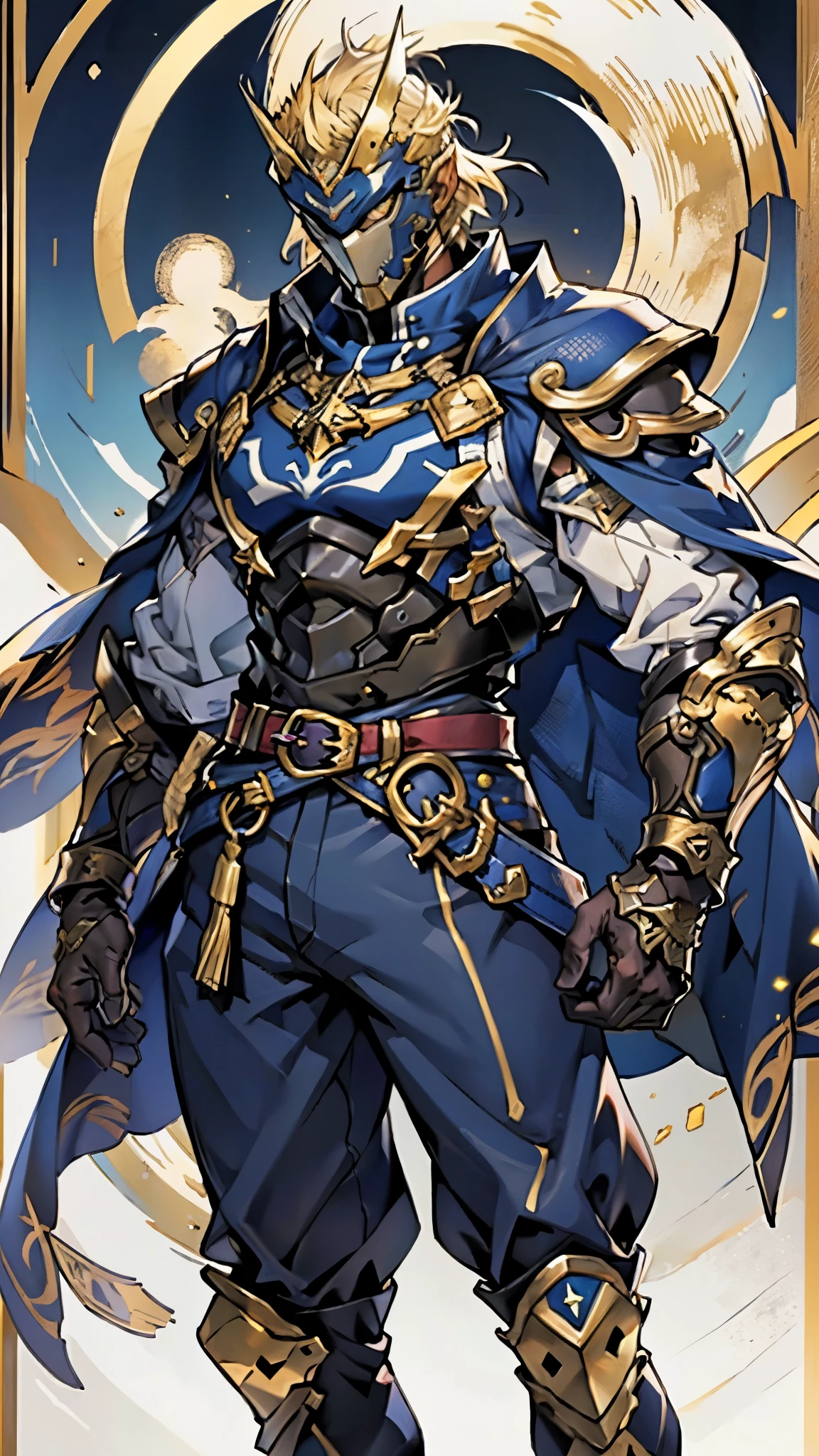 A man with short golden hair slicked back, his face entirely obscured by a Dynastinae concept mask, full mask, cold gaze, clad in an indigo blue fantasy-style Dynastinae concept chest plate, his arms and legs are clad in matching armor, he wears a white undershirt and trousers with golden stripes, standing within a magnificent fantasy-style palace, this character embodies a finely crafted fantasy-style masked light armor warrior in anime style, exquisite and mature manga art style, high definition, best quality, highres, ultra-detailed, ultra-fine painting, extremely delicate, professional, perfect body proportions, golden ratio, anatomically correct, symmetrical face, extremely detailed eyes and face, high quality eyes, creativity, RAW photo, UHD, 32k, Natural light, cinematic lighting, masterpiece-anatomy-perfect, masterpiece:1.5