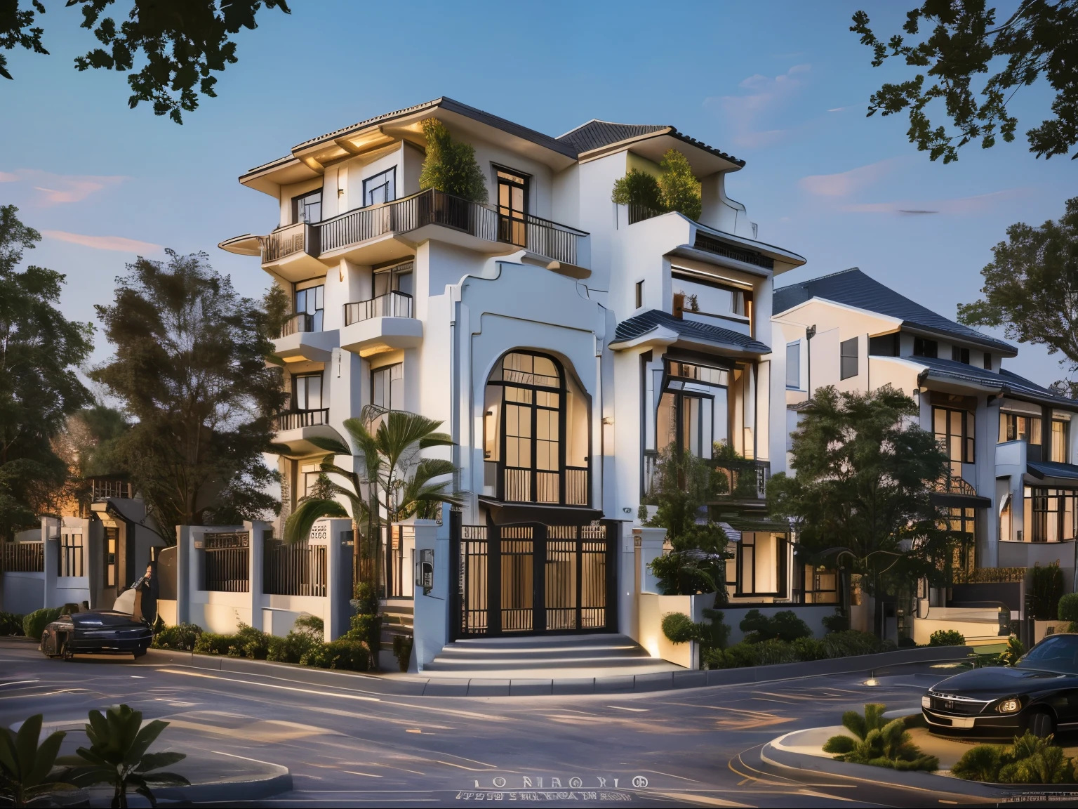 (Townhouse in city ,close houses and trees), (indochine style architecture) daylight ( best quality) ((high solution)) ,(( photo realistic)) ,warm light,  soft lighting, warm atmosphere,high Resolution, hyper detailed,4k ,vray render, octane render, hyper realistic, photography expert ,exterior design , professional photography, exterior photography,wide-angle shot , ultra detail , high Resolution , full frame, full body