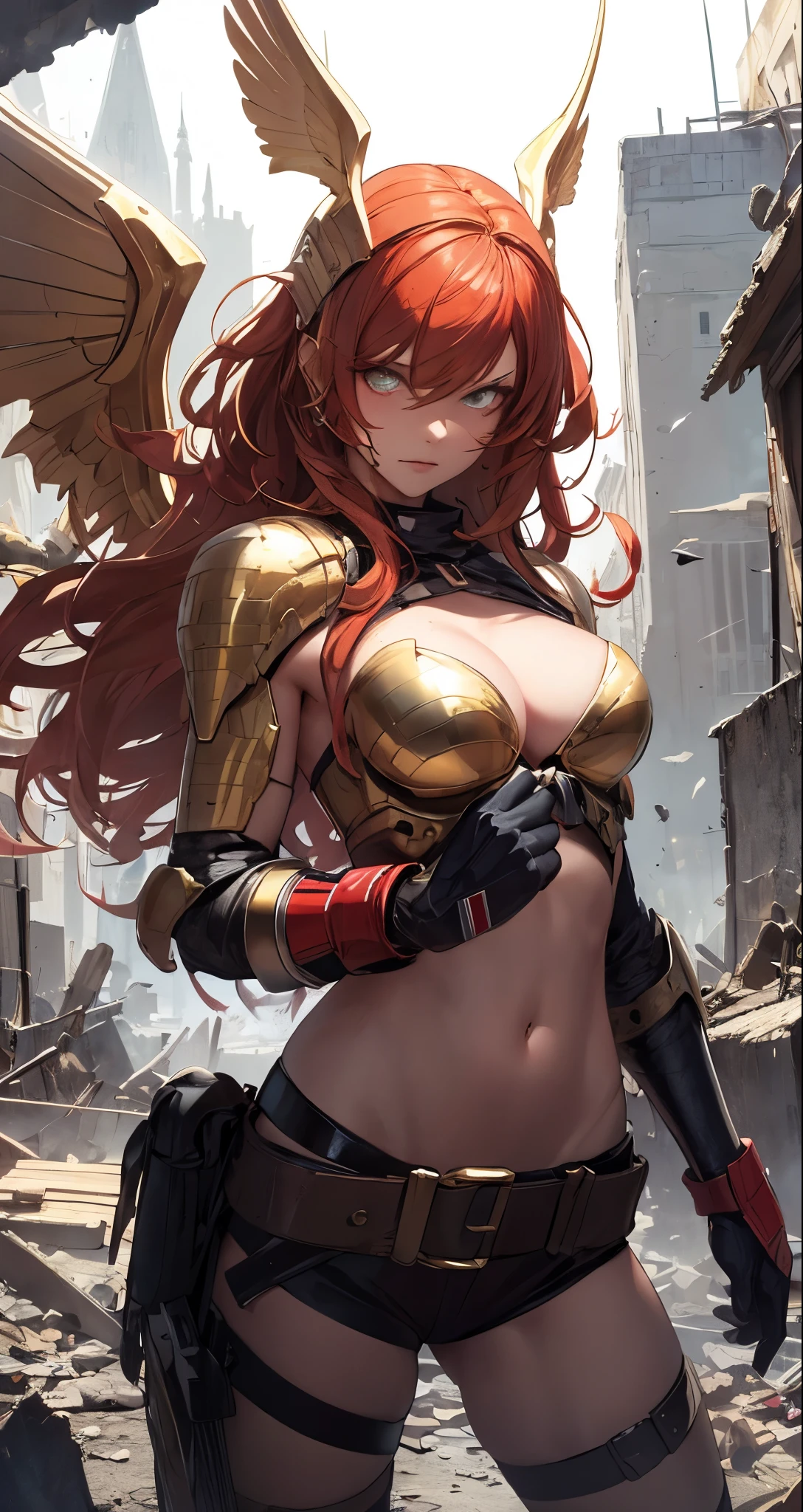 masterpiece, destroyed city detailed scenario, destroyed city detailed background, solo, woman, helmet with golden wings, red hair, Sexy pose