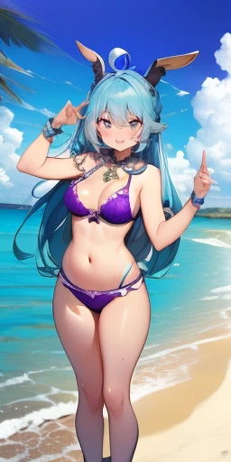 Aqua, 1 garota,standing,posando,tiro de vaqueiro, ((nu:1.2)), hair rings, hair ornament, qualidade perfeita, boa qualidade, obra de arte, HDR, Ultra HD,vista de cima,((sorriso leve:1.1)),ao ar livre,areia da praia,ocean water,((gozada na cara:1.2)) in panties and bra 