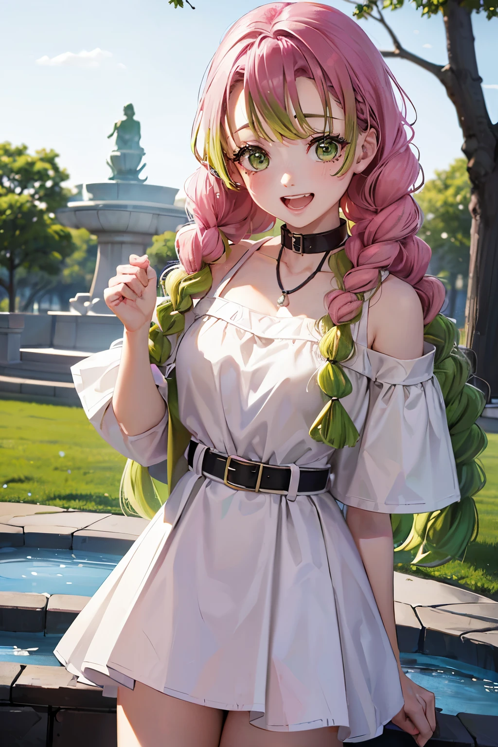((masterpiece:1.3, highly detailed:1.3, highres:1.1, best quality, HD)),((park view, trees, fountain, )),((smiling face, open mouth,biting teeth, closing eyeitsuri kanroji, braid, gradient hair, (green eyes:1.5), green hair, long hair, mole, mole under eye, multicolored hair, pink hair, twin braids, two-tone hair)),((white and black Off the shoulder, white Babydoll, brown belt, short sleeves, small necklace)),((large breasts))