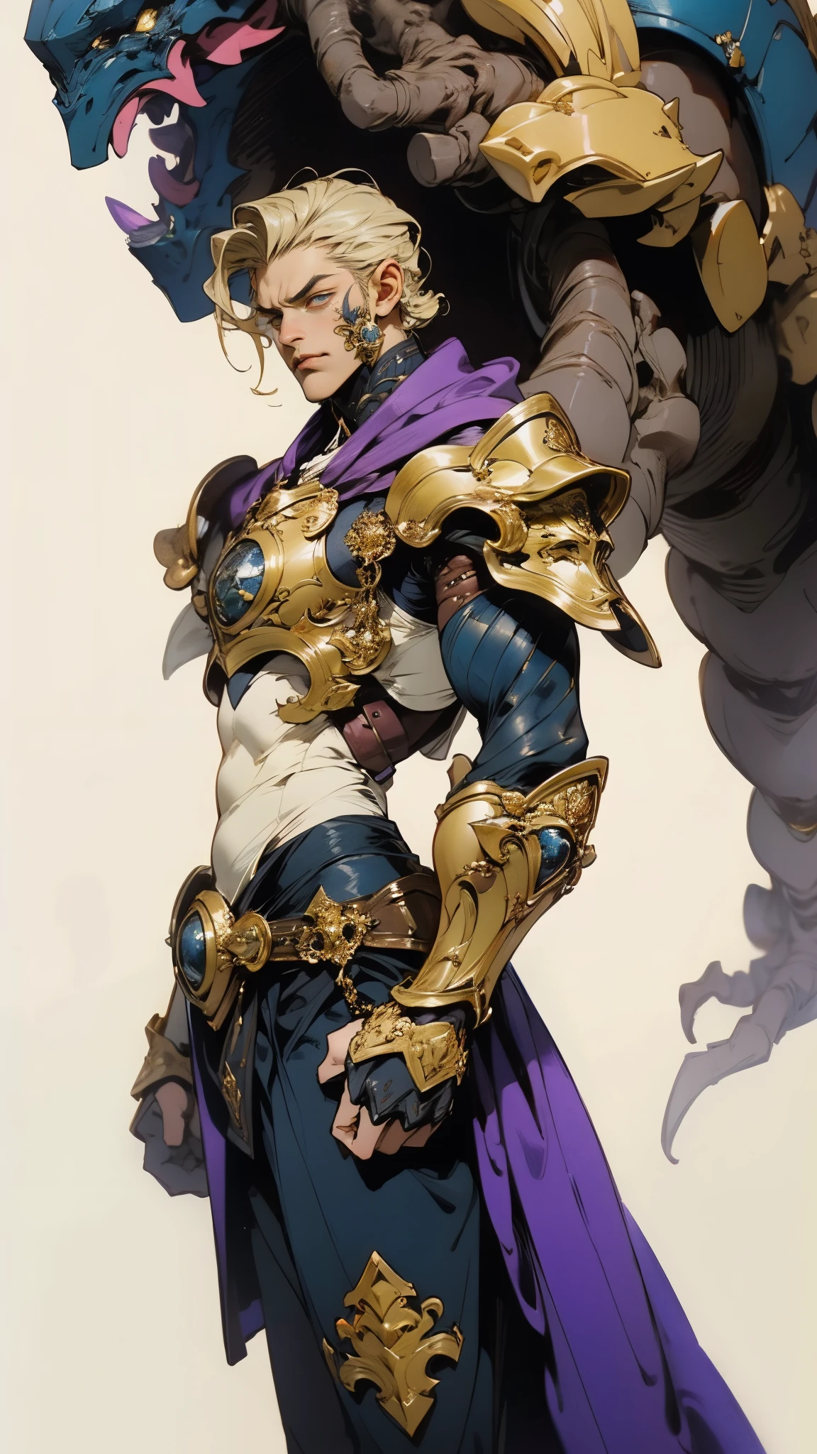 A man with short golden hair slicked back, his face entirely obscured by a Dynastinae concept mask, full mask, cold gaze, clad in an indigo blue fantasy-style Dynastinae concept chest plate, his arms and legs are clad in matching armor, he wears a white undershirt and trousers with golden stripes, standing within a magnificent fantasy-style palace, this character embodies a finely crafted fantasy-style masked light armor warrior in anime style, exquisite and mature manga art style, high definition, best quality, highres, ultra-detailed, ultra-fine painting, extremely delicate, professional, perfect body proportions, golden ratio, anatomically correct, symmetrical face, extremely detailed eyes and face, high quality eyes, creativity, RAW photo, UHD, 32k, Natural light, cinematic lighting, masterpiece-anatomy-perfect, masterpiece:1.5