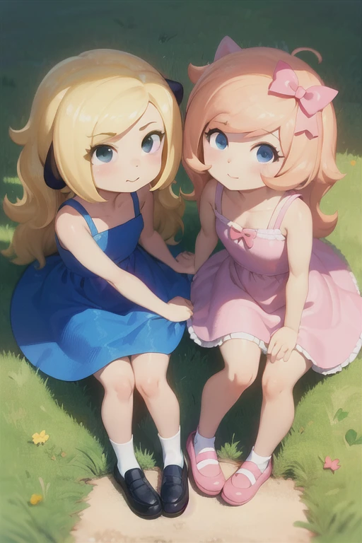  1girl, pastel color, yellow hair, pink dress, pink shoes Pinto, Orange  Blonde hair, Dog ears, Canine pink nose  and 1girl,blue dog ears blue dress White socks black shoes black eyes blonde hair  blue bow