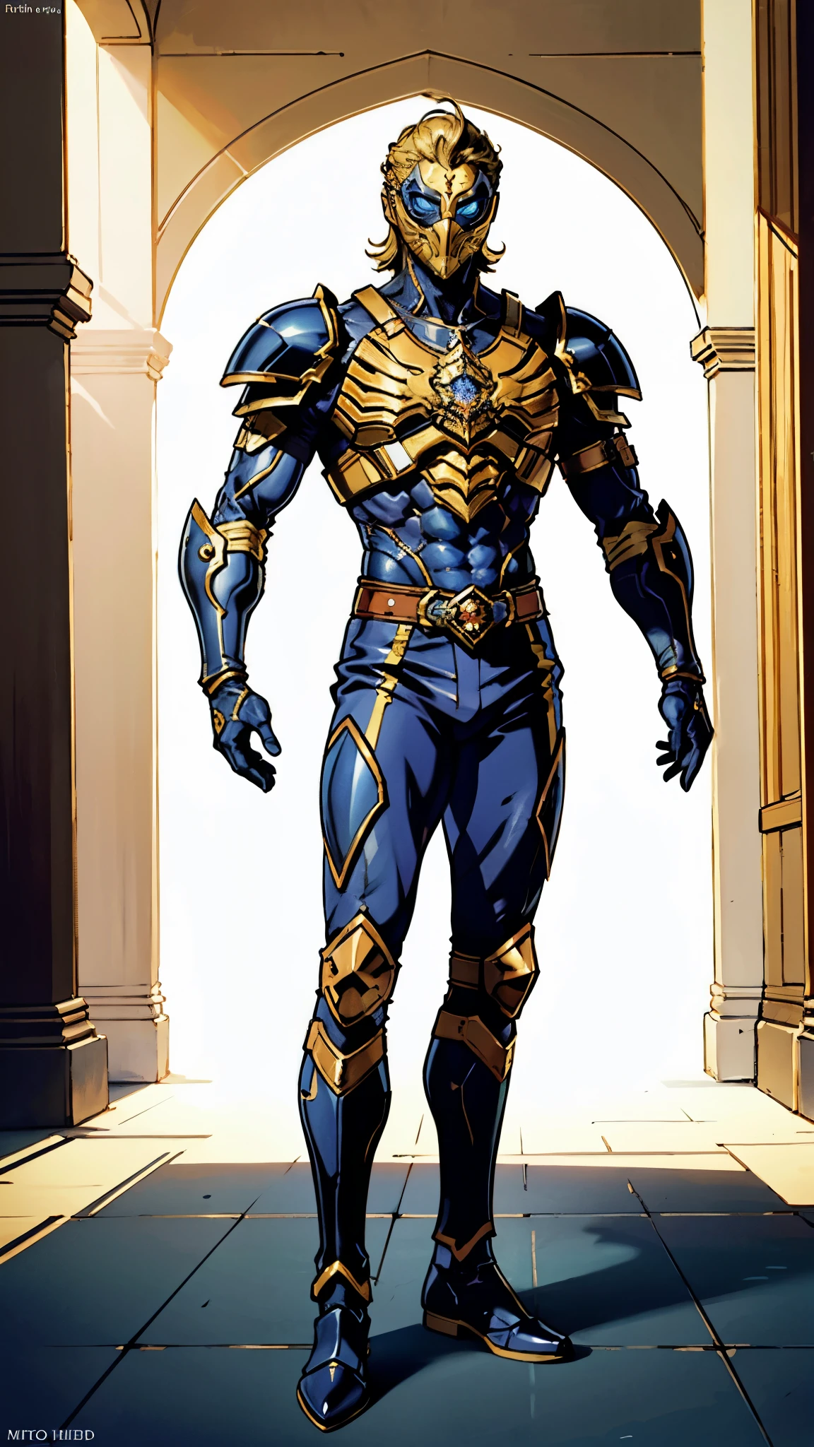 A man with short golden hair slicked back, his face entirely obscured by a Dynastinae concept mask, full mask, cold gaze, clad in an indigo blue fantasy-style Dynastinae concept chest plate, his arms and legs are clad in matching armor, he wears a white undershirt and trousers with golden stripes, standing within a magnificent fantasy-style palace, this character embodies a finely crafted fantasy-style masked light armor warrior in anime style, exquisite and mature manga art style, high definition, best quality, highres, ultra-detailed, ultra-fine painting, extremely delicate, professional, perfect body proportions, golden ratio, anatomically correct, symmetrical face, extremely detailed eyes and face, high quality eyes, creativity, RAW photo, UHD, 32k, Natural light, cinematic lighting, masterpiece-anatomy-perfect, masterpiece:1.5