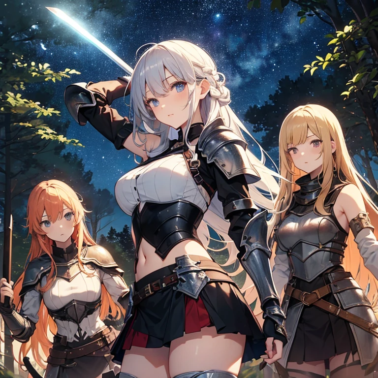 A group of young female knight, (in forest), various hair styles, harem, wearing armored clothes, metal armor, night, details face, , short skirt, seducing, sword, sleeveless , showing armpits, midriff