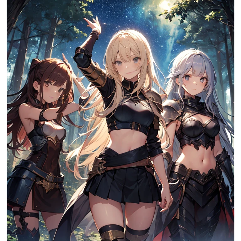 A group of young female knight, (in forest), various hair styles, harem, wearing armored clothes, metal armor, night, details face, , short skirt, seducing, sword, sleeveless , showing armpits, midriff, night, starry night