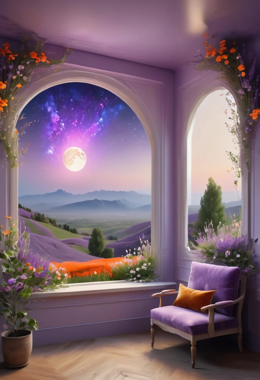 Windows in Roman architectural style，The scenery outside the window，Looking out from the window，vast landscape photos, (A view of the sky and the wilderness below),  Standing in the flower field and looking up, (full moon: 1.2), (meteor: 0.9), (nebula: 1.3), distant mountains, The art of tree folding, (Warm light source: 1.2), (firefly: 1.2), lamp, purple and orange, intricate details, Volumetric lightingBREAK (masterpiece: 1.2), (best quality ), 4K, Super detailed, (Dynamic configuration: 1.4), Highly detailed and colorful details (iridescent: 1.2), (sparkling lights, mood lighting), fantastic, magic, (alone: 1.2)