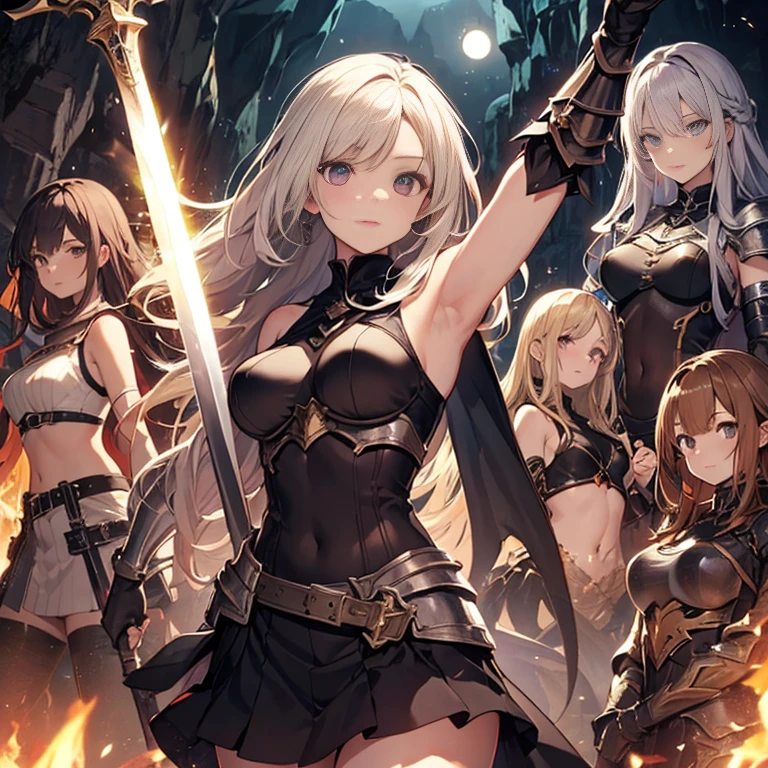 A group of young female knight, (inside dark cave), various hair styles, harem, wearing armored clothes, metal armor, night, details face, , short skirt, seducing, sword, sleeveless , showing armpits, erotic