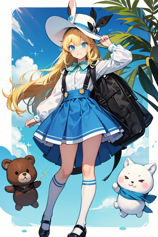 She has fair skin, blue eyes (though they typically appear as black dots), and thick legs. She is somewhat more heavy-set than her counterpart Finn and is called "chubby cute" by Natasha Allegri. Fionna wears a white, rabbit-themed hat (similar to Finn's bear-themed hat) with exposed locks of blonde hair covering part of her face. She has long, shiny, blonde hair that she almost always keeps tucked away in her hat. She has missing teeth like Finn, but she is also shown to have buck teeth in several episodes, which help add to her rabbit-like appearance.

She wears a blue shirt with elbow-length sleeves; a short, dark-blue skirt; white, over-the-knee socks with two thin, light-blue, horizontal stripes at the top; black Mary Jane shoes; and a two-toned green backpack. SPARKLE; GLITTER
