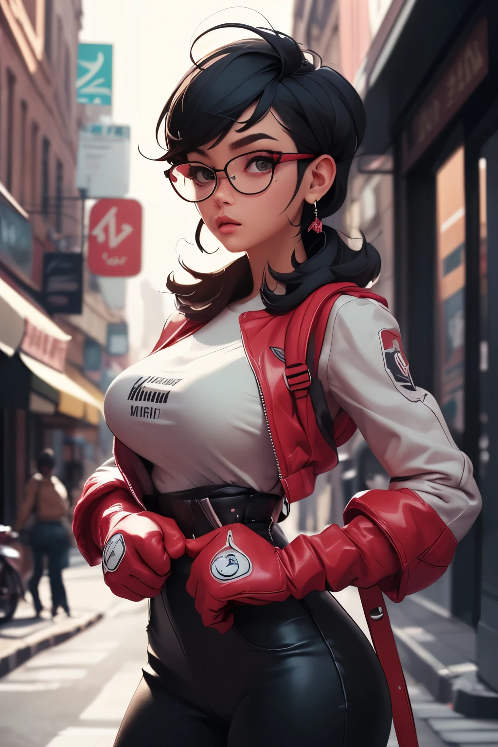 Wide angle shot, Beautiful female street fighter, wearing large glasses, black hair cut, Wears large steel knuckles.