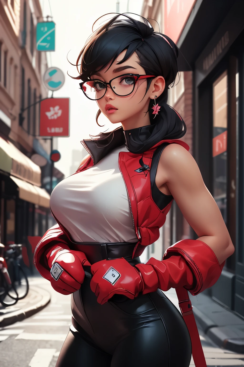 Wide angle shot, Beautiful female street fighter, wearing large glasses, black hair cut, Wears large steel knuckles.