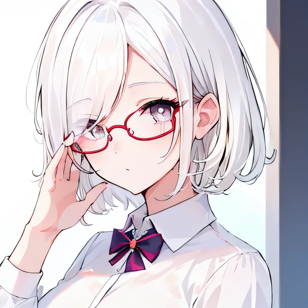 Girly girl, round glasses, white shirt, face close-up, white hair, light white eyes, pure, short hair, (hair over one eye), smart, pencil