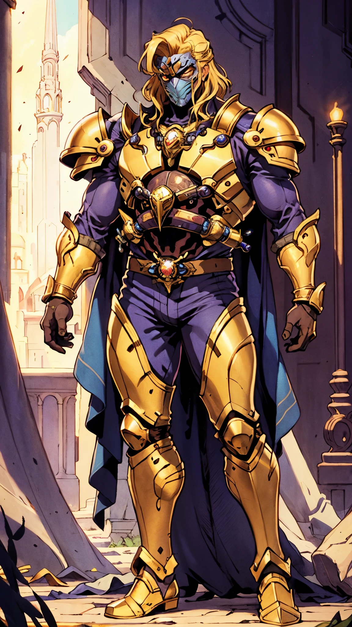 A man with short golden hair slicked back, his face entirely obscured by a Dynastinae concept mask, full mask, cold gaze, clad in an indigo blue fantasy-style Dynastinae concept chest plate, his arms and legs are clad in matching armor, he wears a white undershirt and trousers with golden stripes, standing within a magnificent fantasy-style palace, this character embodies a finely crafted fantasy-style masked light armor warrior in anime style, exquisite and mature manga art style, high definition, best quality, highres, ultra-detailed, ultra-fine painting, extremely delicate, professional, perfect body proportions, golden ratio, anatomically correct, symmetrical face, extremely detailed eyes and face, high quality eyes, creativity, RAW photo, UHD, 32k, Natural light, cinematic lighting, masterpiece-anatomy-perfect, masterpiece:1.5