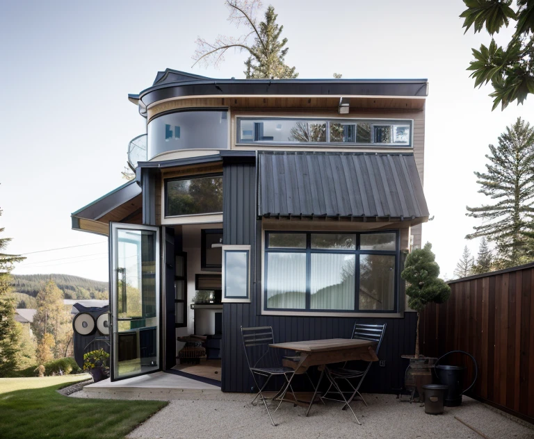 house exterior contemporary style, modernism, glass doors and windows,black metal rail, conwood ceilling, masterpiece, highquality, realistic photo, canon eos 5D mark, natural light, 