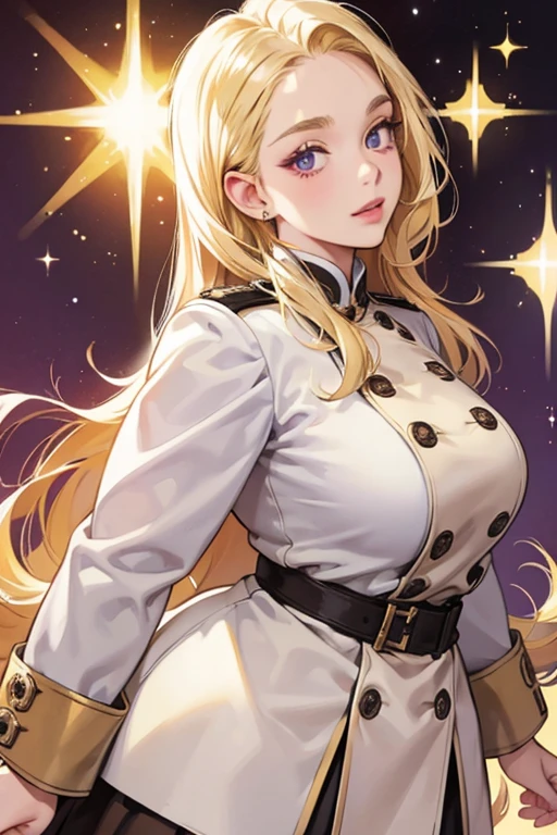 She is a blonde, corpulent woman, in a white and brown uniform, but her face is partially purple and deformed. SPARKLE; GLITTER