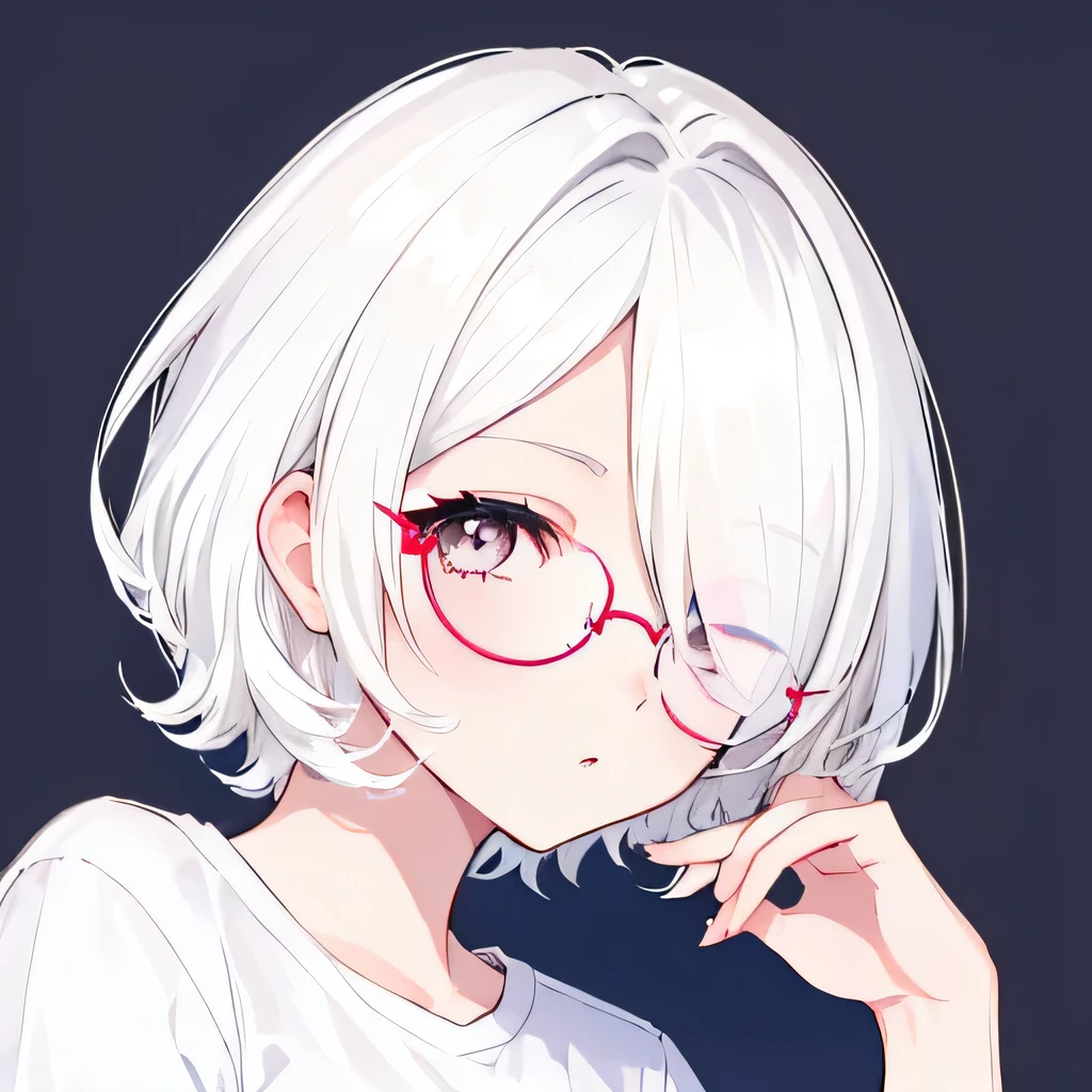 Girly girl, round glasses, white shirt, face close-up, white hair, light white eyes, pure, short hair, (hair over one eye), smart, pencil