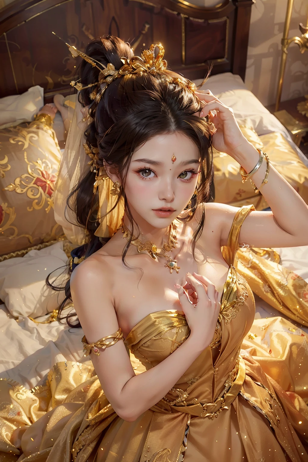 ((best quality)), ((masterpiece)), (detailed), perfect face, pretty face, beautiful female, beautiful body, expensive dress, gold dress, party dress, royal dress, golden crown, golden accessories, royal mistress, lay on the bed, angle from above, ponytail, perfect body, cute dress, hands on the head, hands up, seductive smile