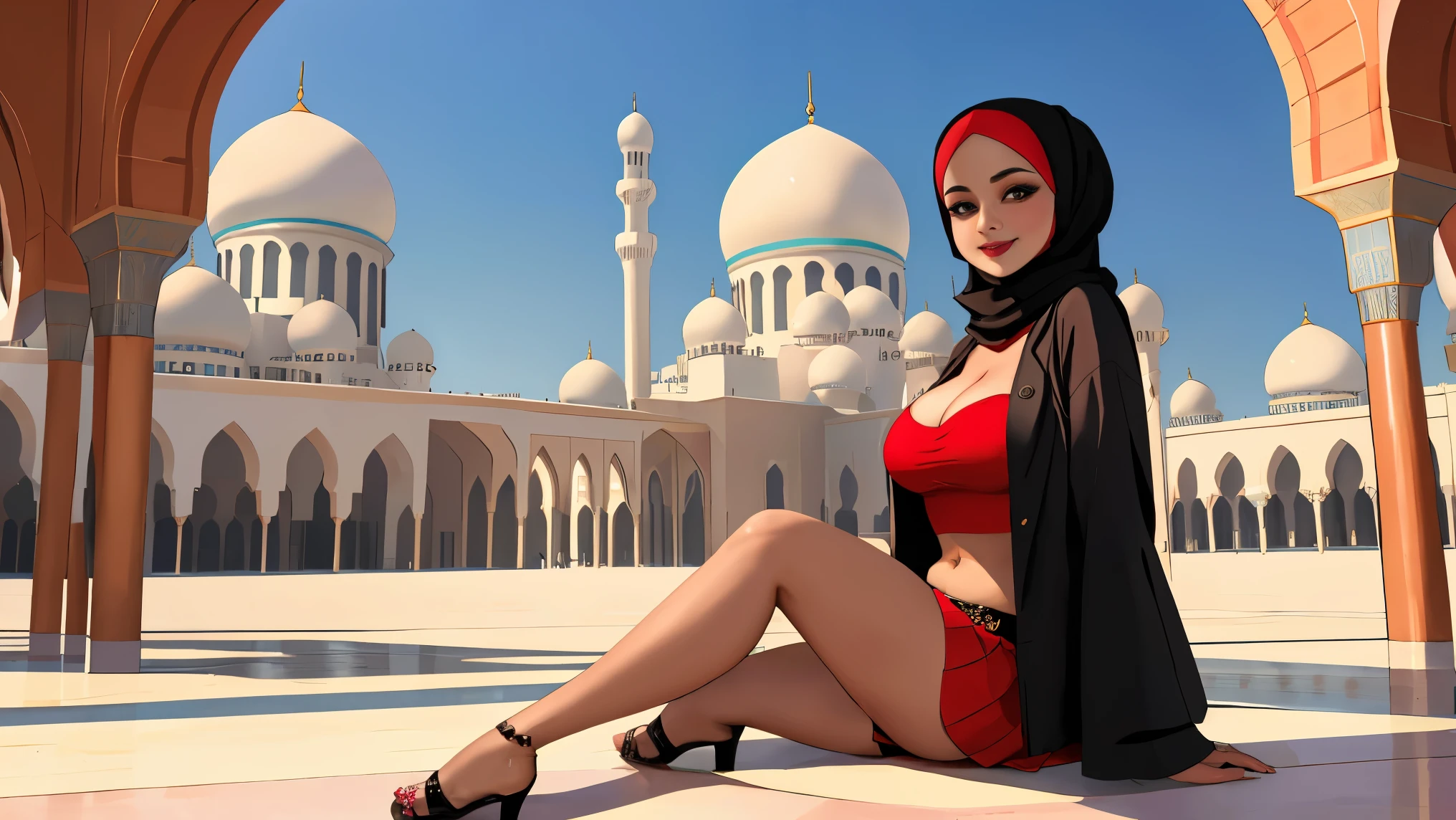 A busty hijabi girl, of Arabic ethnicity, brown skin, Muslim, mature woman, secretary, wearing a black jacket, red open shirt, black mini skirt, fishnet stocking, black high heel, silk headscarf, natural breasts, nice rounded ass, cleavage, sexy, thick hips, beautiful feet, smiling at the viewer, posing, inside an Islamic mosque, mecca, Saudi Arabia, Arabic background, wallpaper, 8k,4k, pc wallpapers 