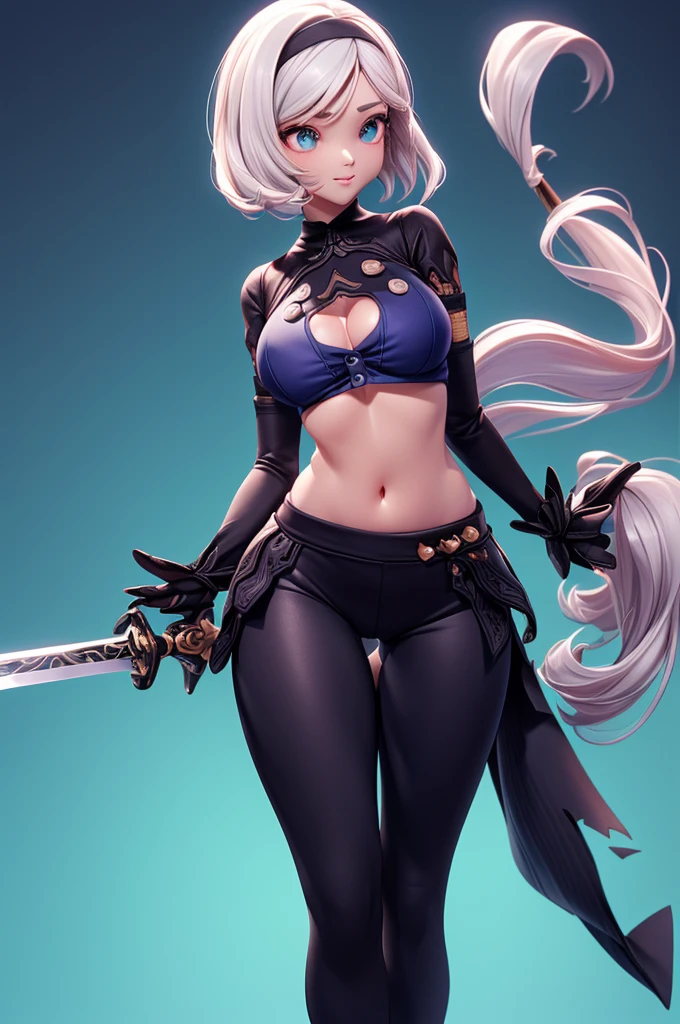 chat please create the image of a girl with long white hair and light blue eyes with a light and dark blue metal sword and make her naked and make gigantic breasts and ass