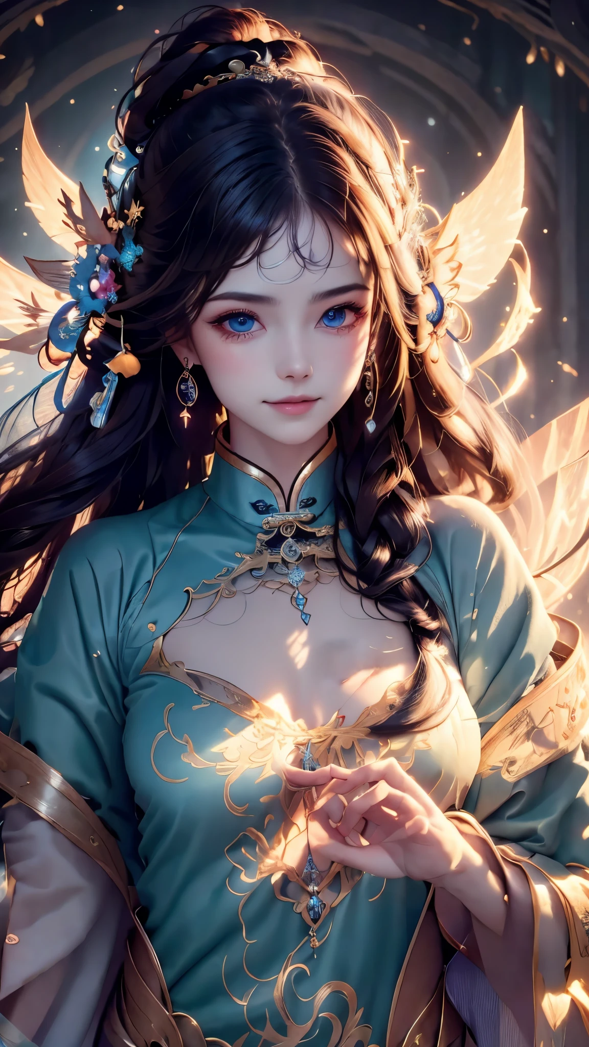 official art，unity 8k wallpaper，super detailed，Cosmetology and aestheticaster piece，best quality，（zget tangled，tangled，get tangled），（fractal art：1.4），black hair，China dress，Chinese female，very detailed，dynamic angle，cast a spell，colored with many colors，（Chaos in its most beautiful form），fluffy，（Bright colors），overclocking，（ribbon：1.3），（dream magic：1.5），（Hanfu：1.5），chinese dragon，Phoenix，（smile：0.5 ),(chinese god),magical light and shadow，perfect face，perfect hands，Witch Costume，half body shot，front view，straight-on、mysterious background