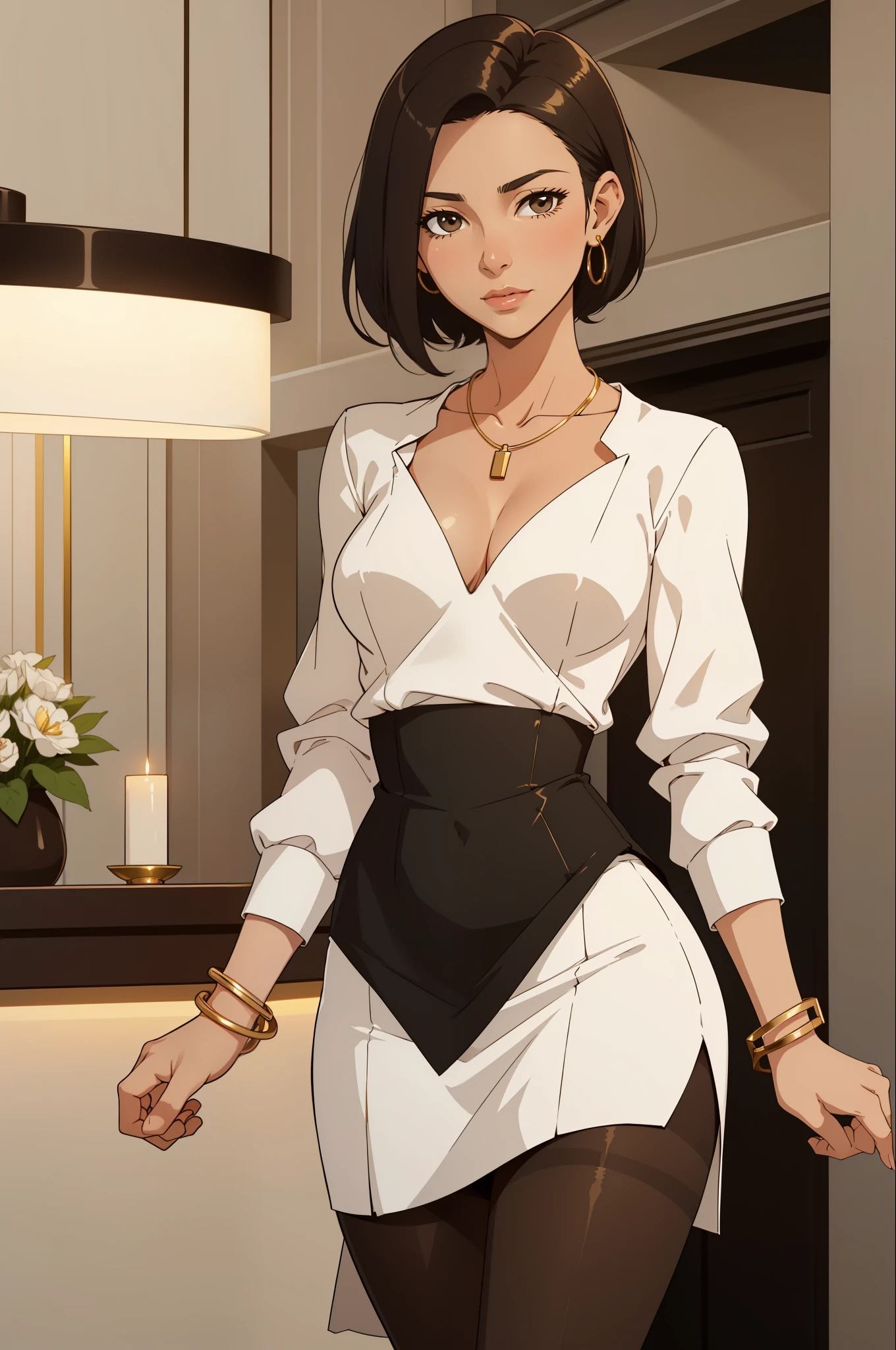 cute date night, mature woman, 40 years old, dark hair, white skirt, white dress, silk blouse, plunging neckline, cleavage,  gold necklace, gold bangle, short black hair, in a modern hotel lobby, stockings, solo, one woman, cute date night outfit, cute fit, 
