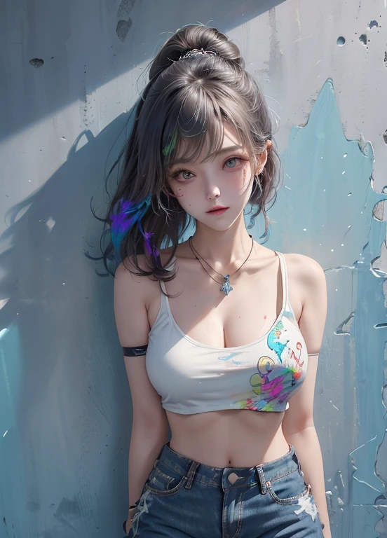 masterpiece, best quality, solo, crop top, Denim shorts, necklace, (doodle:1.5), paint splatter, Put your arms behind your back, Against the wall, looking at the audience,(Hand holding spray paint:1.5) armband, thigh strap, paint the body, head tilt, having fun, Hair color, aqua eyes, earphone,(doodle牆:1.5)(full body portrait;1.5)beautiful breasts、huge breasts:1.4