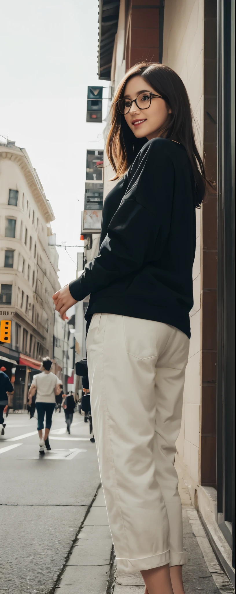 masuterpiece, Best Quality, Illustration, Ultra-detailed, finely detail, hight resolution, 8K Wallpaper, Perfect dynamic composition, from front, Beautiful detailed eyes, Medium Hair, glasses, wearing oversize sarouel pants:1.2, long sleeve Sweatshirt, Natural Color Lip, Random and sexy poses,Smile, Aoyama Street Walk, 28 years girl
