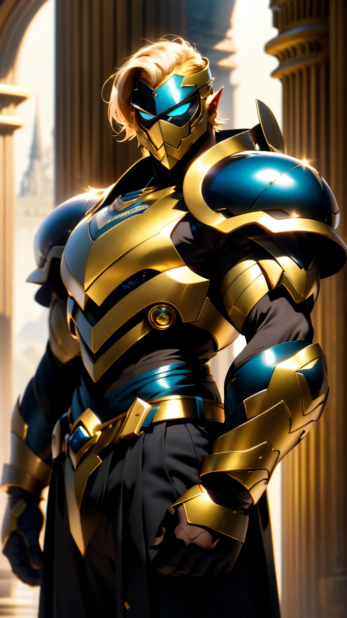 A man with short golden hair slicked back, his face entirely obscured by a Dynastinae concept mask, full mask, cold gaze, clad in an indigo blue fantasy-style Dynastinae concept chest plate, his arms and legs are clad in matching armor, he wears a white undershirt and trousers with golden stripes, standing within a magnificent fantasy-style palace, this character embodies a finely crafted fantasy-style masked light armor warrior in anime style, exquisite and mature manga art style, high definition, best quality, highres, ultra-detailed, ultra-fine painting, extremely delicate, professional, perfect body proportions, golden ratio, anatomically correct, symmetrical face, extremely detailed eyes and face, high quality eyes, creativity, RAW photo, UHD, 32k, Natural light, cinematic lighting, masterpiece-anatomy-perfect, masterpiece:1.5