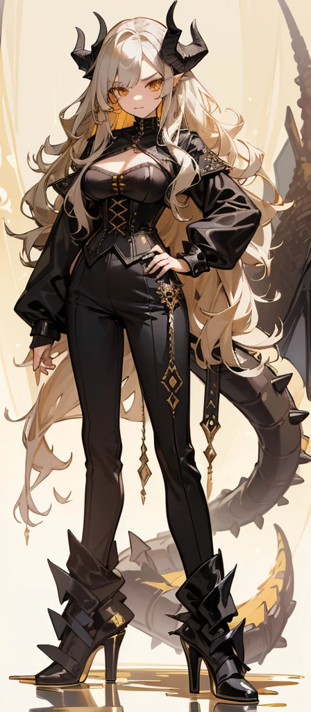 (masterpiece) (high-res) (oil painting) (full body) (teen woman) (black draconic horns) (black and gold dragon tail with spikes) (long bouncy blonde hair) (silver eyes) (black corset) (Gothic look) (long black trench coat) (black sweatpants) (black and gold high heels) (eyeliner) (large breasts) (mascara)