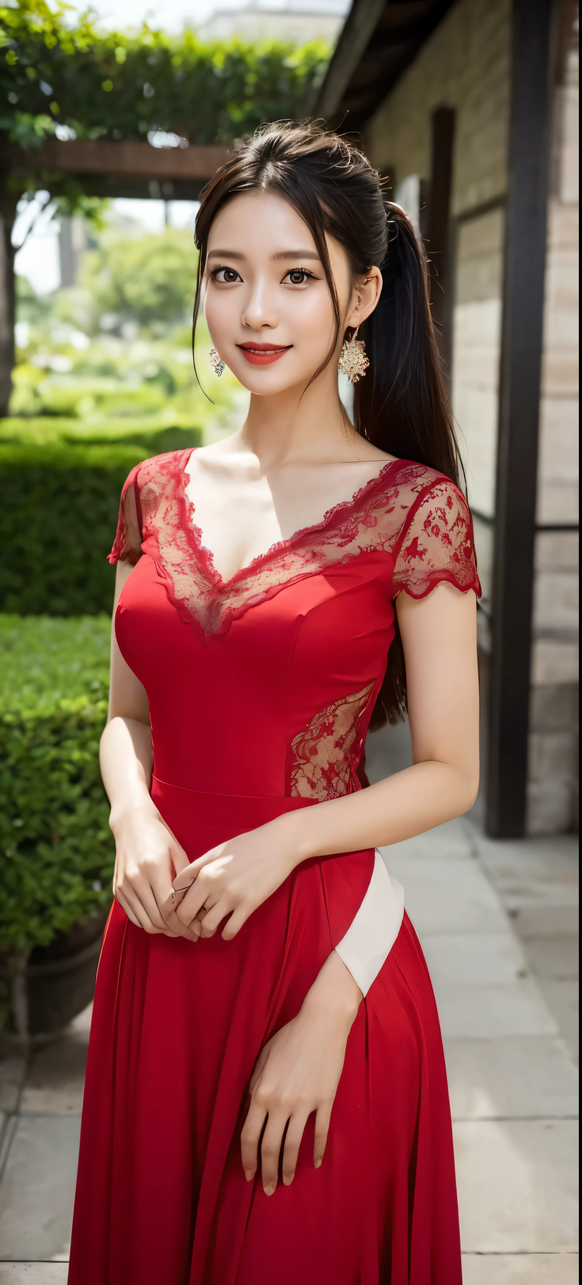 (top-quality、8k、32k、masterpiece、UHD:1.2)、Photo of a cute Japanese woman、(Sad smile、red blush:1.1)、looking at the viewers、(Beautiful detailed dress skirt:1.2)、detailed legs、(Spread legs:0.9)、(Lace pantie:0.9)、(wind lift:1.6)、full bodyesbian、the wind、城市、outside of house、Opening Mouth、
