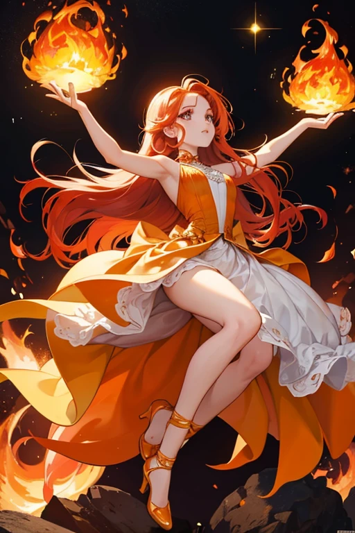 Flame Princess has long orange-red hair about waist-length that is like fire and as such flows above her head. She has black eyes that sparkle white and yellow in the light of her fire. Physically, she is thicker than the other characters, with a wider waist and bigger arms and legs. Her skin is yellow-orange and she usually wears an orange-red dress under a light orange surcoat with hot pink trimming. At first, she does not wear shoes, though her dress usually hides her feet from view. She has two diamond-shaped, red gems; one on her forehead and the other on the front of her dress. The red gem on her dress is shown to be a part of her dress and not her body, which exemplified when Flame Princess had a different outfit on in "Ignition Point." SPARKLE; GLITTER