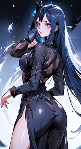 Her equipment consisted of a dark blue and regular blue fancy-looking cloth armour that had a black coloured design on them. She had a large hood that covered most of her face, under it was a scarf that covered a portion of her showing cleavage and exposed shoulders. She wore a tight shirt that extenuated her thin waist and wide hips, the shirt did not have any sleeves which exposed the silky smooth skin on her arms that wore long, elegant gloves that covered most of her forearm. For legwear, she had thigh-high leggings that exposed a gap that showed the skin between her shirt and leggings, revealing her absolute territory. She also had some metallic armour around her knees and shins that connected to her elegant boots for extra protection.
