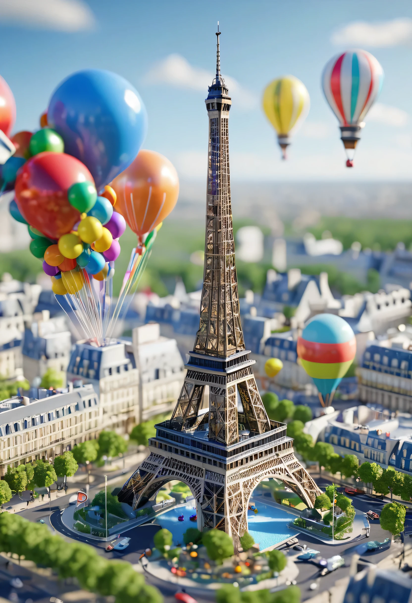 vray, radiosity, lumière parfaite, chef-d'artwork, high resolution, Isometric view, super detailed, Complexe, miniature, (d shift blur effect'inclinaison:1.4), sharpness,
eiffel tower with colorful (Zeppelin:1.5) and isometric aerostat balloons_setting