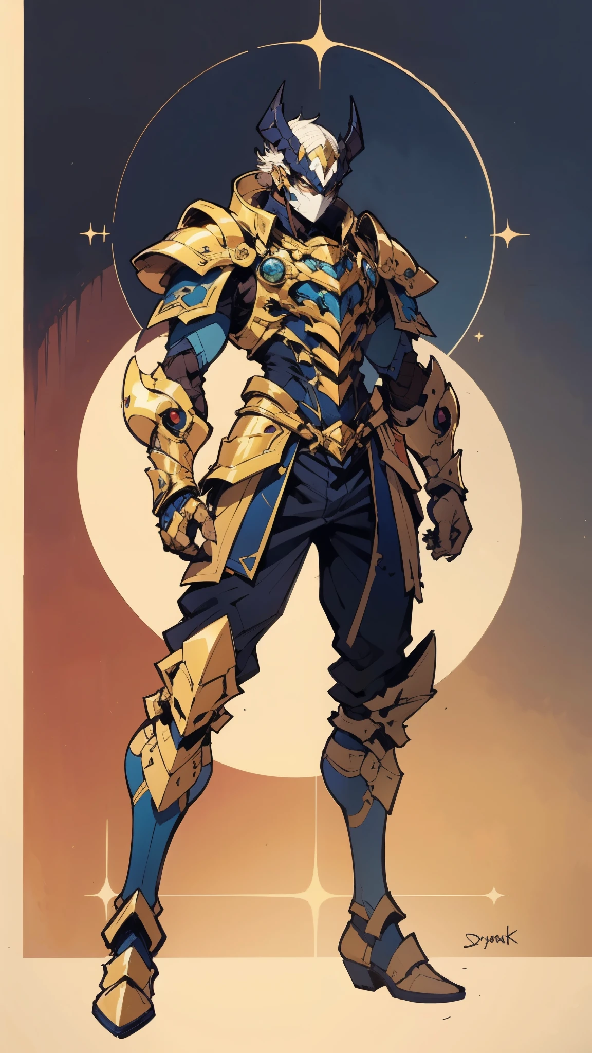 A man with short golden hair slicked back, his face entirely obscured by a Dynastinae concept mask, full mask, cold gaze, clad in an indigo blue fantasy-style Dynastinae concept chest plate, his arms and legs are clad in matching armor, he wears a white undershirt and trousers with golden stripes, standing within a magnificent fantasy-style palace, this character embodies a finely crafted fantasy-style masked light armor warrior in anime style, exquisite and mature manga art style, high definition, best quality, highres, ultra-detailed, ultra-fine painting, extremely delicate, professional, perfect body proportions, golden ratio, anatomically correct, symmetrical face, extremely detailed eyes and face, high quality eyes, creativity, RAW photo, UHD, 32k, Natural light, cinematic lighting, masterpiece-anatomy-perfect, masterpiece:1.5