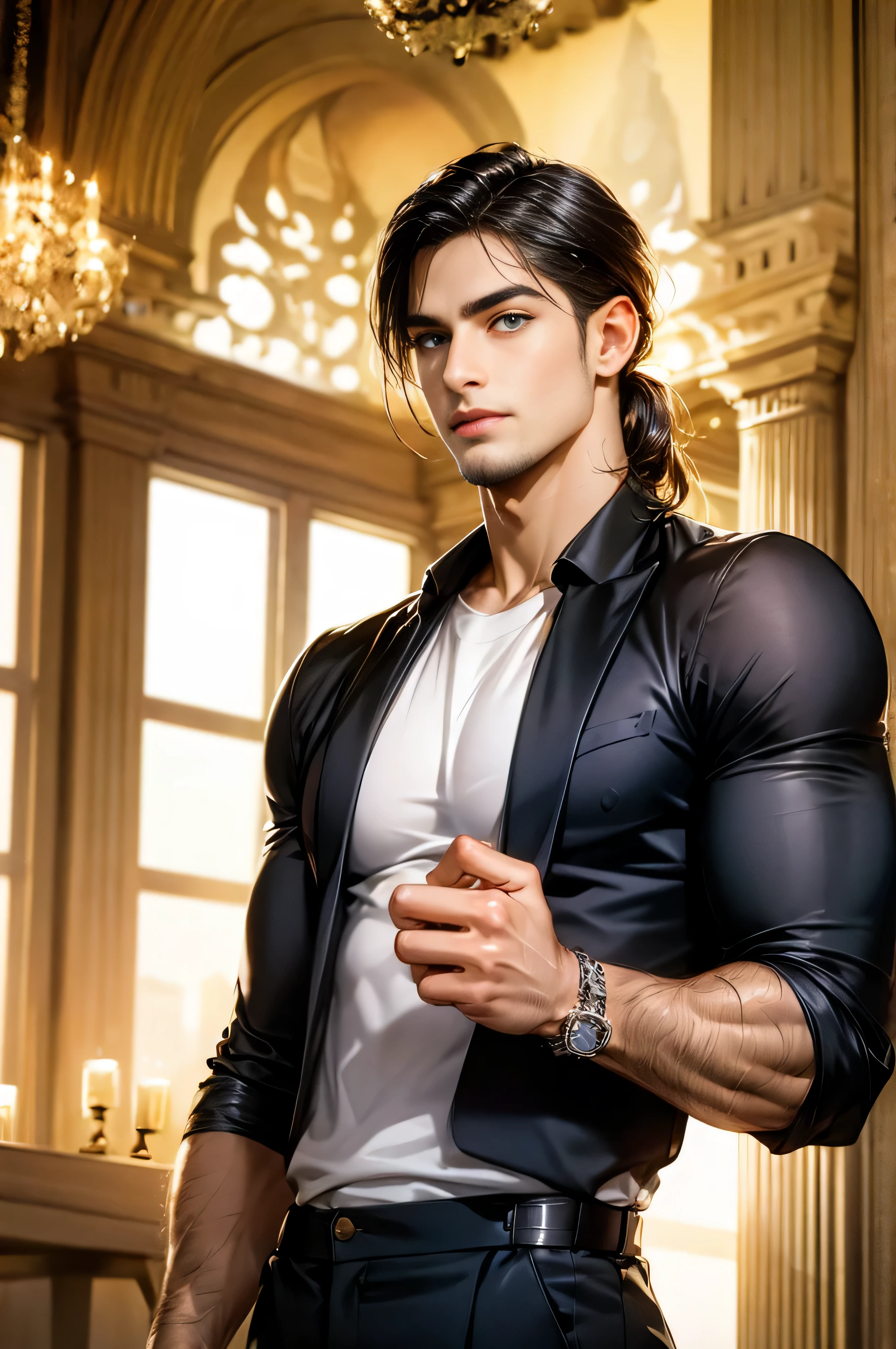 1 man, alone, young handsome man, Latin mulatto skin, attractive features, tan tone skin, dark blue eyes, friendly expression,  man's long haircut medium, black brown hairstyle, small low ponytail at back of head, light beard, casual clothing, urban outfit, black shirt, wearing a white long trench coat, tattoo on arm. emotion: greet, environment: war field