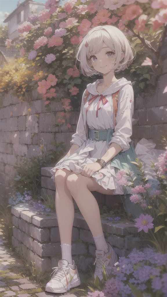 (Highly detailed CG unit 8k wallpaper, masterpiece, High resolution, highest quality, highest qualityのリアルテクスチャスキン), sitting on the edge of a flower bed:1.5, Close-up, Nana Komatsu, smile, Asymmetrical coral short hair, Stalgic and inorganic fashion, (detailed costume, Maxi-length layered tight skirt:1.3, Long sleeve wide jacket:1.3, White high-cut sneakers), (blurred background, An empty alley in the French countryside:1.3, Colourful flower beds along the road, cobblestone road), hyper realistic, digital painting, concept art,