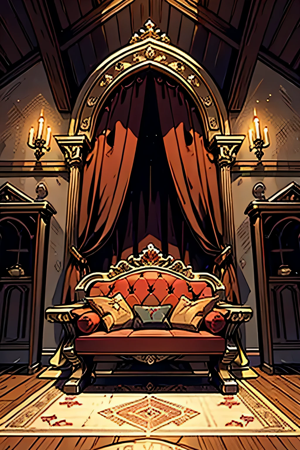 royal throne, made of wood, with golden details, seat with red cushion, medieval style, placed in a royal room of a medieval style palace