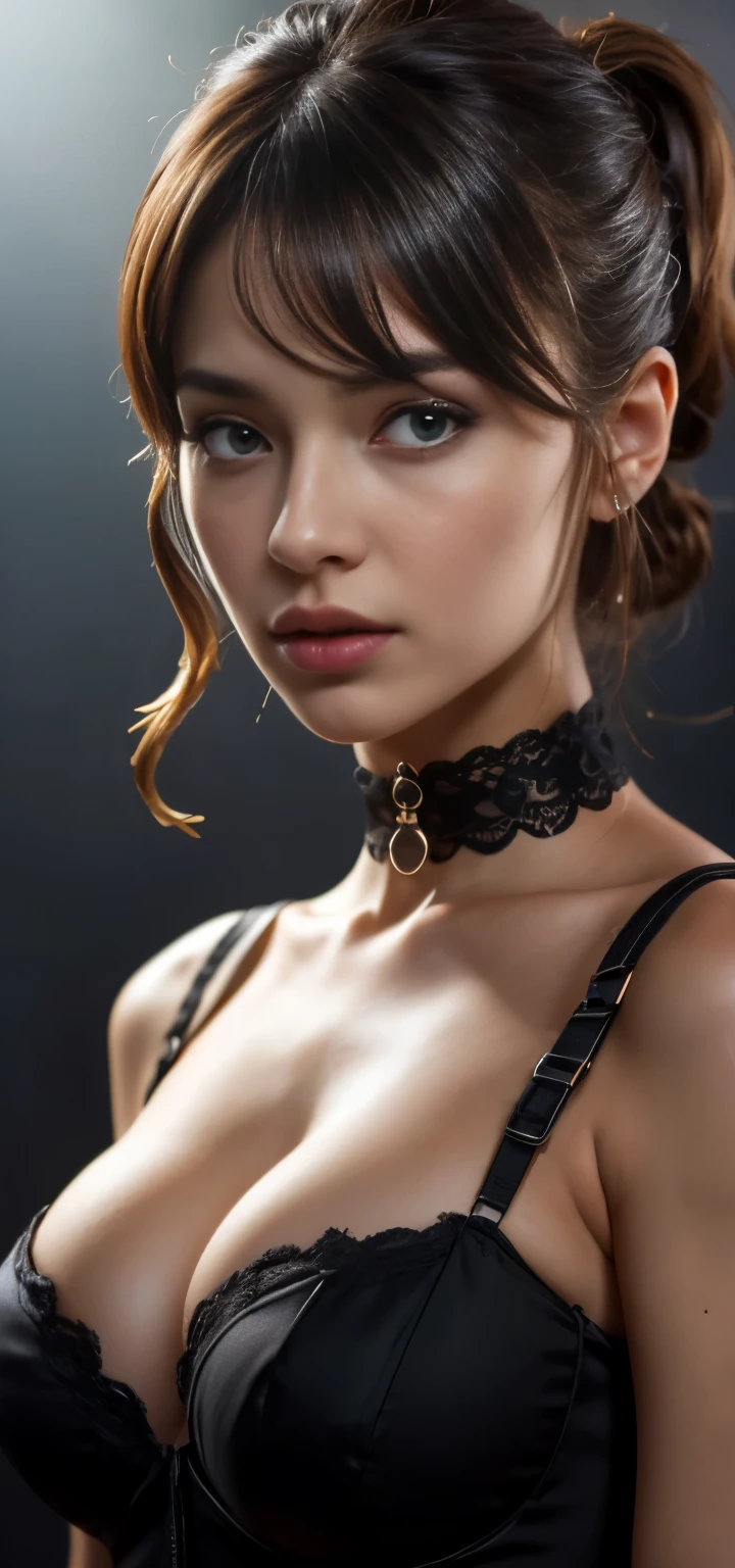 ((extreme detail)),(ultra-detailed), extremely detailed CG unity 8k wallpaper, figurine, sexy bodice, cleavage. Choker. puffy sleeves, lips, looking away, close-up, head turn, black background