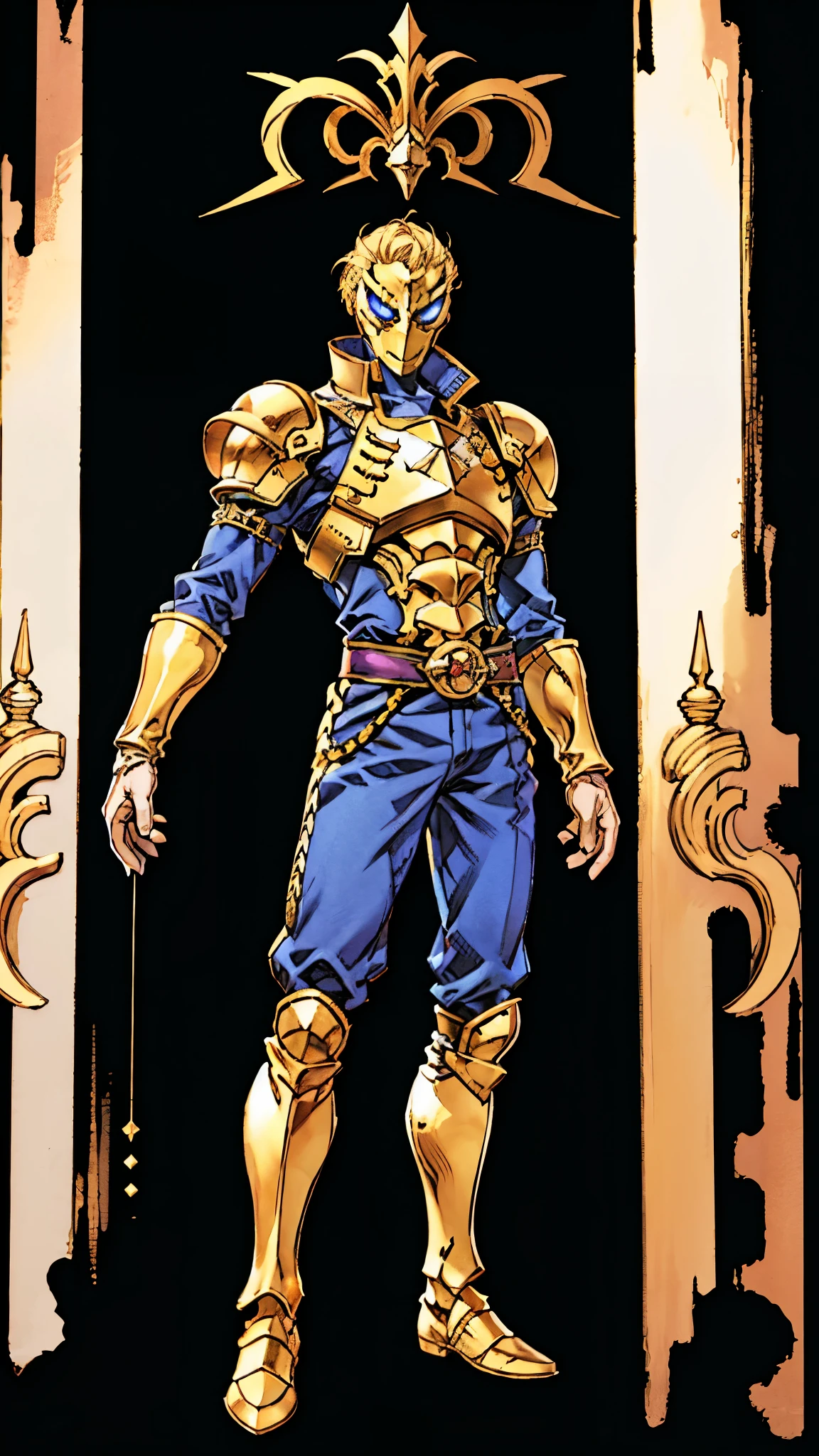 A man with short golden hair slicked back, his face entirely obscured by a Dynastinae concept mask, full mask, cold gaze, clad in an indigo blue fantasy-style Dynastinae concept chest plate, his arms and legs are clad in matching armor, he wears a white undershirt and trousers with golden stripes, standing within a magnificent fantasy-style palace, this character embodies a finely crafted fantasy-style masked light armor warrior in anime style, exquisite and mature manga art style, high definition, best quality, highres, ultra-detailed, ultra-fine painting, extremely delicate, professional, perfect body proportions, golden ratio, anatomically correct, symmetrical face, extremely detailed eyes and face, high quality eyes, creativity, RAW photo, UHD, 32k, Natural light, cinematic lighting, masterpiece-anatomy-perfect, masterpiece:1.5