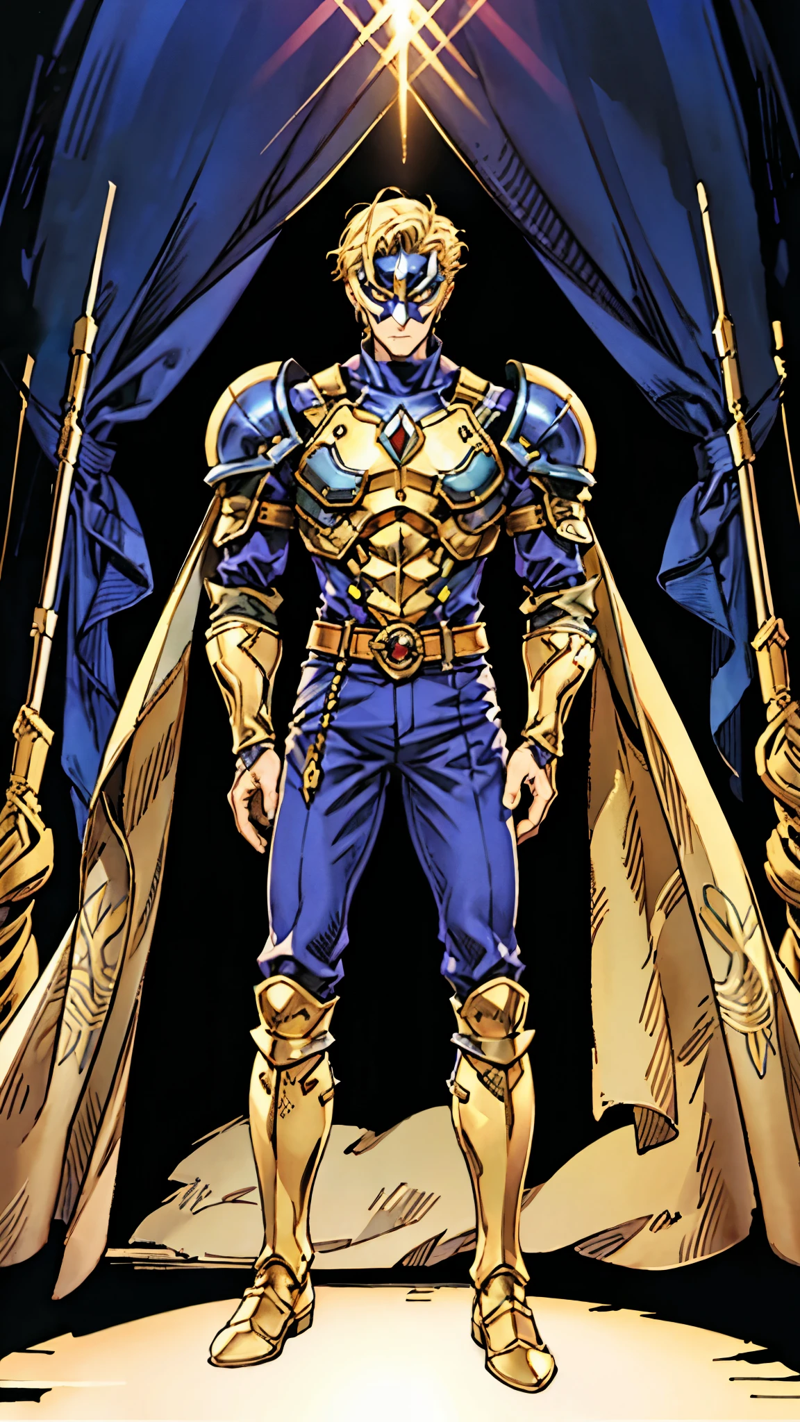 A man with short golden hair slicked back, his face entirely obscured by a Dynastinae concept mask, full mask, cold gaze, clad in an indigo blue fantasy-style Dynastinae concept chest plate, his arms and legs are clad in matching armor, he wears a white undershirt and trousers with golden stripes, standing within a magnificent fantasy-style palace, this character embodies a finely crafted fantasy-style masked light armor warrior in anime style, exquisite and mature manga art style, high definition, best quality, highres, ultra-detailed, ultra-fine painting, extremely delicate, professional, perfect body proportions, golden ratio, anatomically correct, symmetrical face, extremely detailed eyes and face, high quality eyes, creativity, RAW photo, UHD, 32k, Natural light, cinematic lighting, masterpiece-anatomy-perfect, masterpiece:1.5