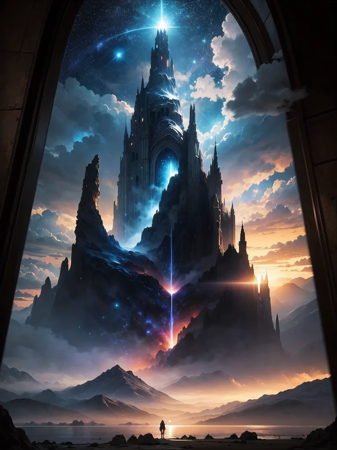 create image in window frame ,The View Outside the Window ,,Starry Sky with Mountains and Lake, epic landscape, sunlight is penetrating through clouds, Inspired by Jessica Rossier, Jessica Rossier Fantasy Art, Concept Art Magic Highlights, Official Artwork, Dream Painting, Ethereal Realm, Atmospheric artwork, dreamy matte paintings, 