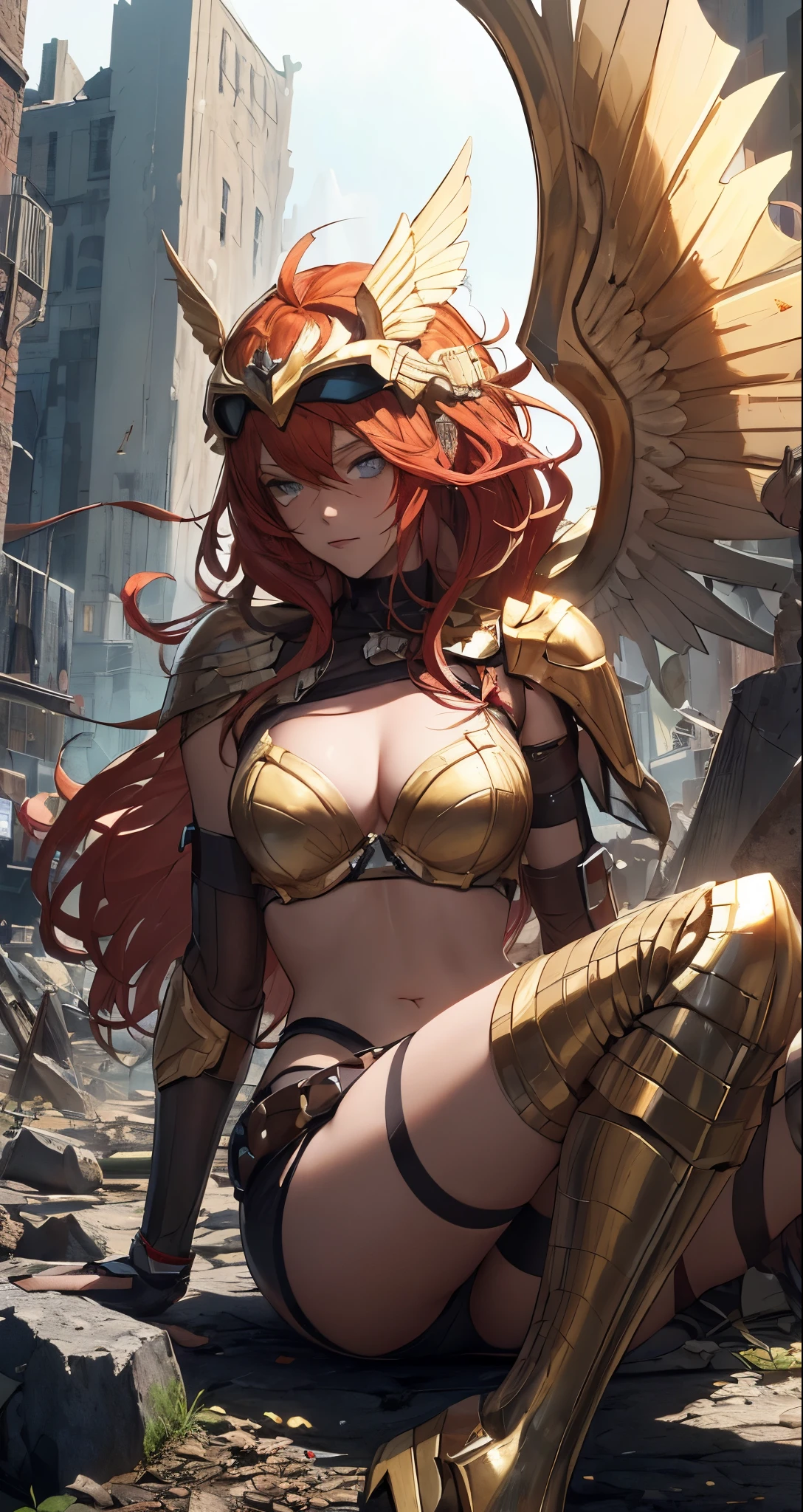 masterpiece, destroyed city detailed scenario, destroyed city detailed background, solo, woman, helmet with golden wings, red hair, sitting on a rock, Sexy pose