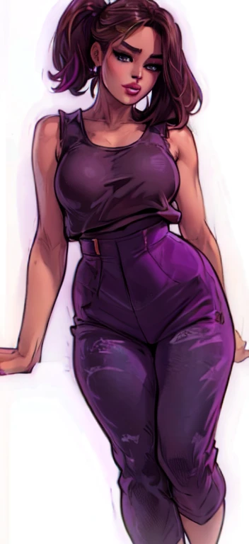 a drawing of a woman in purple pants, kate bishop, thick, upper half of the body, perfectly shaded body, dina drake, full body close-up shot, close-up of the lower body, big thighs, full body details, thick, thick neck, thighs close up, gwen stacy, close up, half body shot, full body, ((dark tank top:1.5));, wide shot, 16k, 8k, 4K, HD, 1080P, highres, best quality, award winning, high quality, super detail, anatomically correct, high details, masterpiece