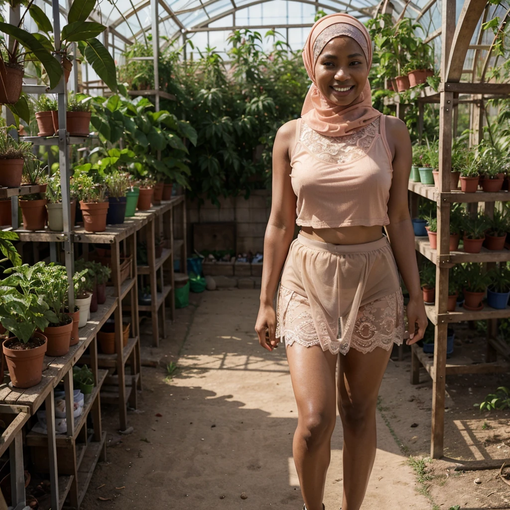 Realistic photo depicting 1 Indonesian woman in hijab, villager, poor woman, 18 years old, wearing peach color hijab jilbab, wearing see-through peach color lace tank top, wearing very short see-through peach color lace skirt, smiling, dark skin, curvy body, short body, standing alone in vegetable greenhouse, upskirting to show the panties, facing the camera, making it very realistic and detail